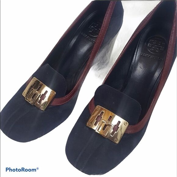 Tory Burch Black and Brown Heels with Gold Accent - Picture 1 of 8